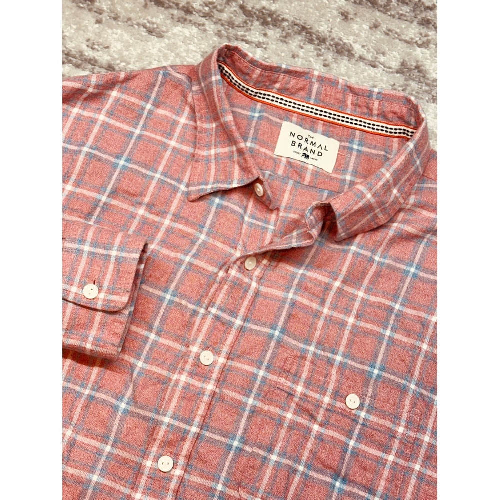 The Normal Brand Button Down Mens XL Salmon‎ Pink Plaid Cotton Flannel Shirt